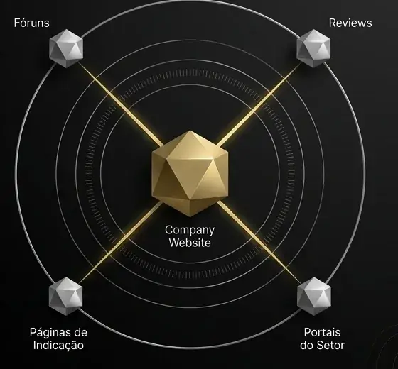 O site da empresa no centro, conectado a fóruns, reviews, páginas de indicação e portais do setor