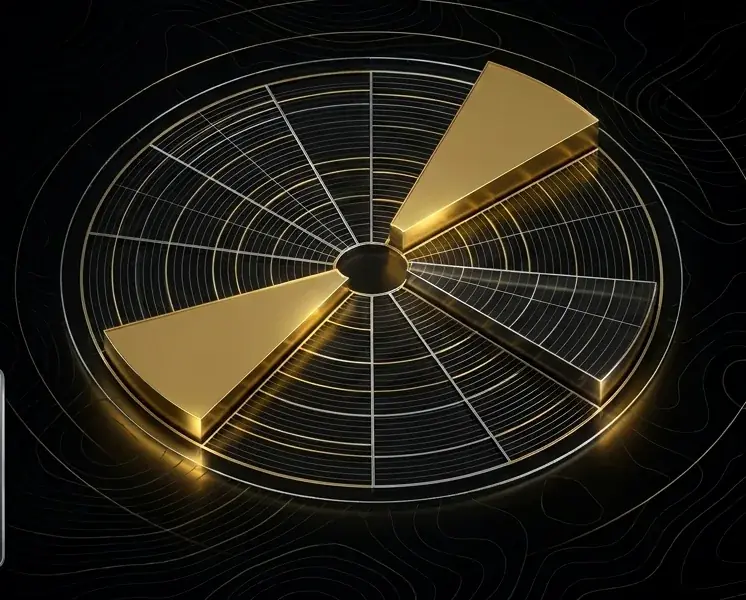 Radar circular em perspectiva com dois setores destacados em ouro