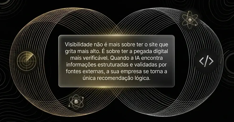 Dois anéis entrelaçados, um dourado com um radar e outro prateado com o símbolo de código