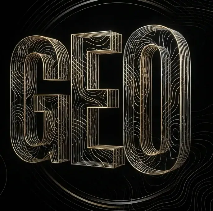 Letras GEO em três dimensões feitas de linhas topográficas douradas e prateadas