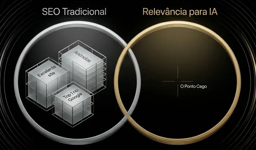 Dois círculos: SEO tradicional, com site excelente, anúncios e topo no Google; e Relevância para IA, vazio, marcado como o ponto cego