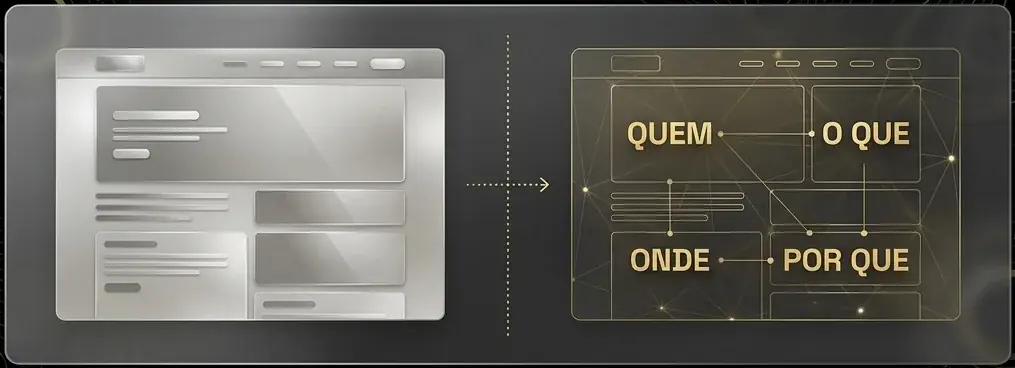Página de site comum transformada em um mapa estruturado com os blocos Quem, O que, Onde e Por que